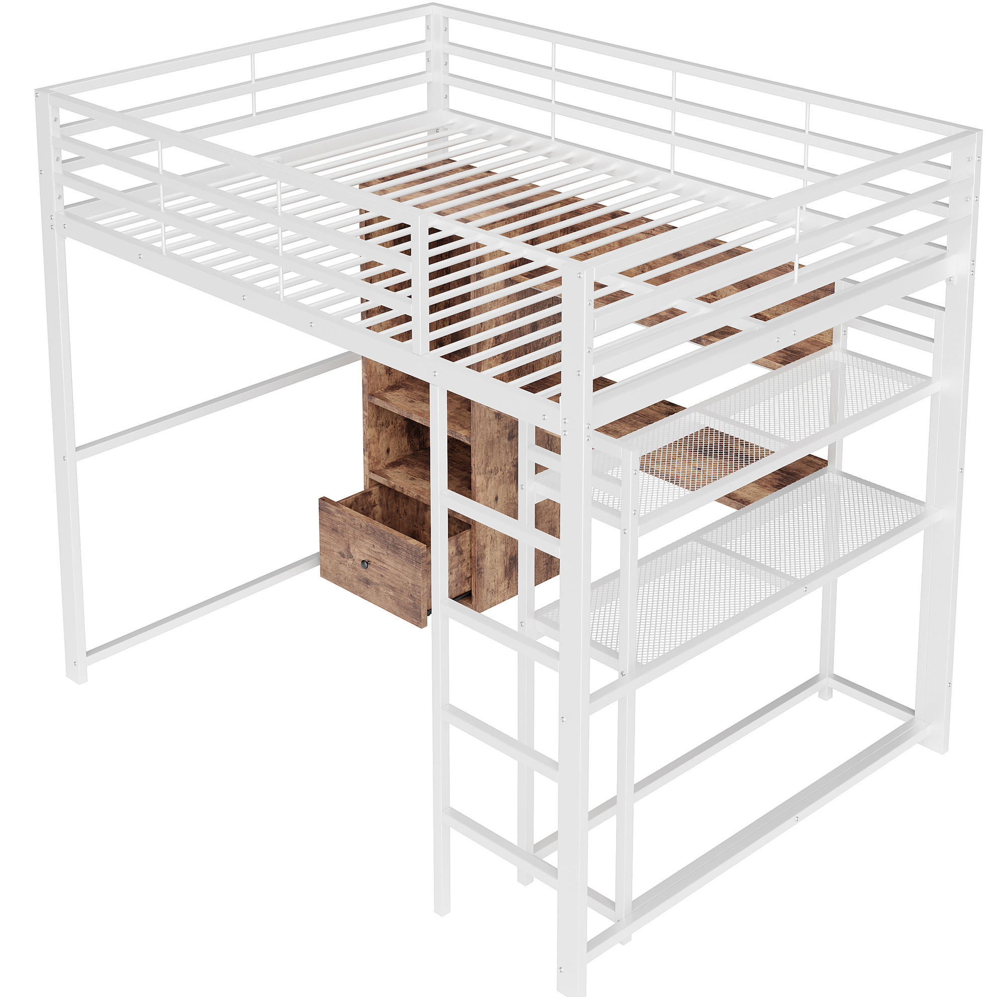 HOCHBETT 140/200 cm in Weiß mit Schreibtisch, Stauraum und LED-Beleuchtung - Weiß, Holzwerkstoff (140/200cm) - Flora Grace