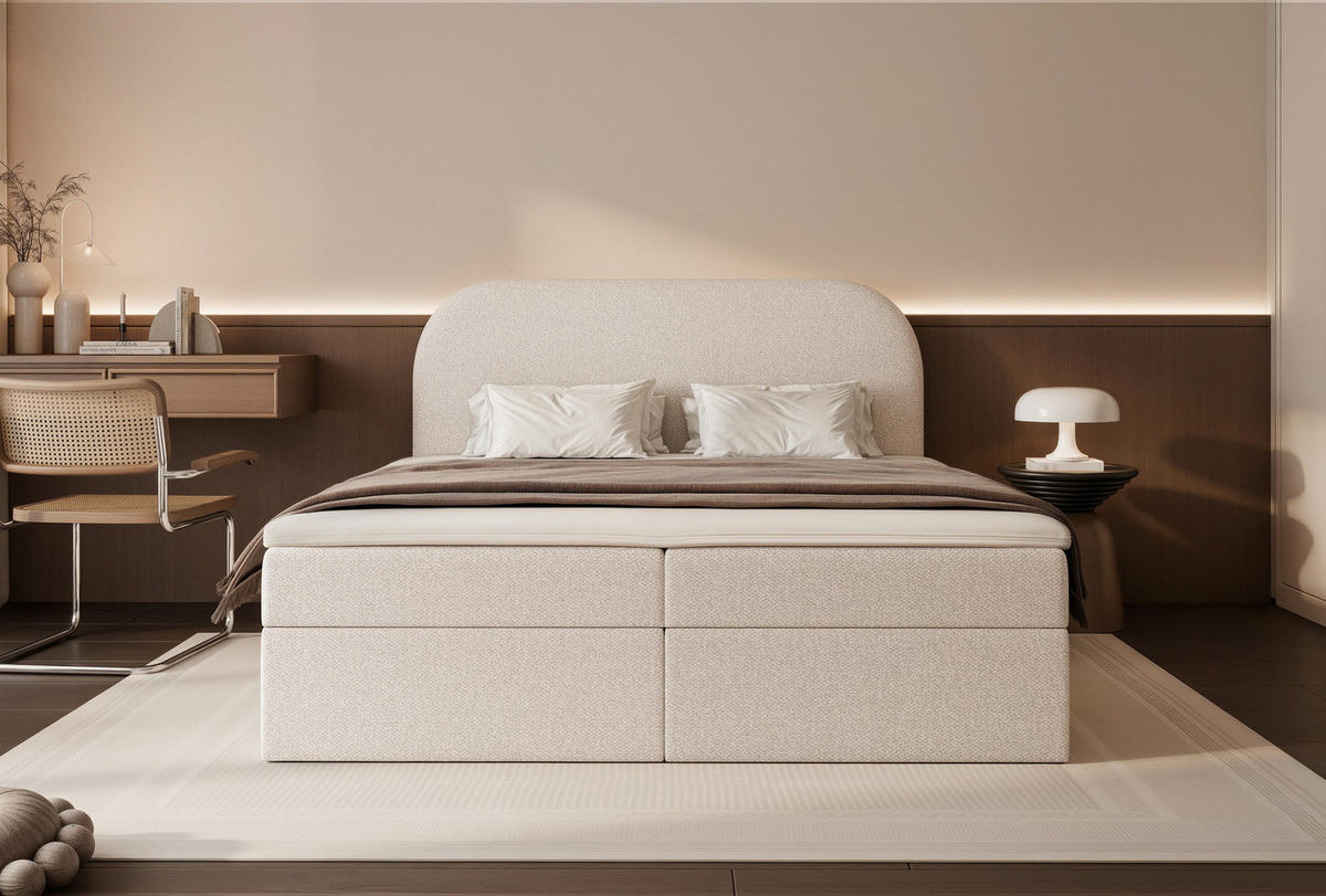 BOXBETT FUZZI 160x200 cm Beige (Stoff Lumi) - mit 2 Bettkästen, Bonellmatratze und weichem Kopfteil - Beige, Holzwerkstoff/Textil (160/200cm) - Ravio