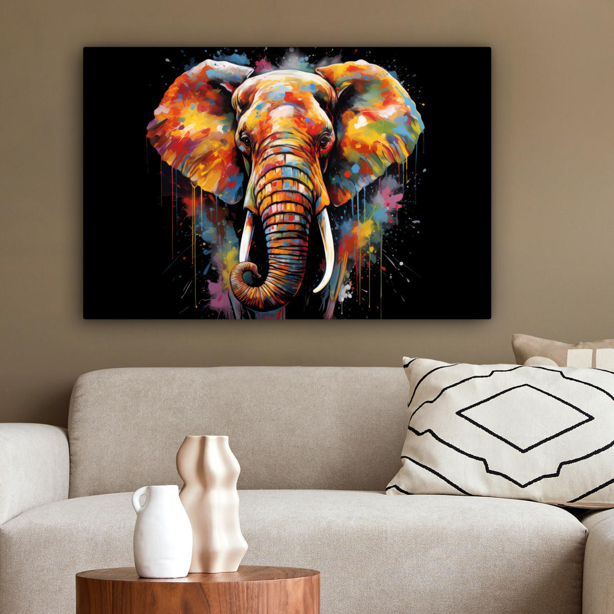 LEINWANDBILD Elefant - Graffiti - Schwarz - Tiere - Farben XXL 150x100 cm - Schwarz, Textil (150/100cm) - MuchoWow