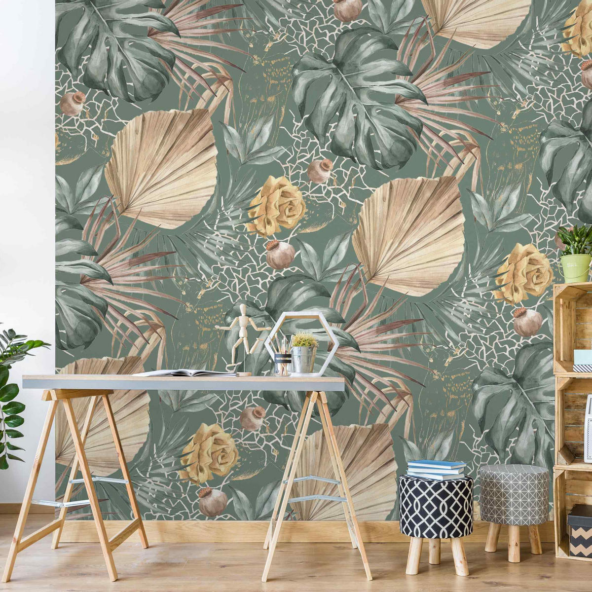 FOTOTAPETE Große Blätter mit Rosen vor Grün 288/288 cm - Grün, Papier (288/288cm) - Bilderwelten
