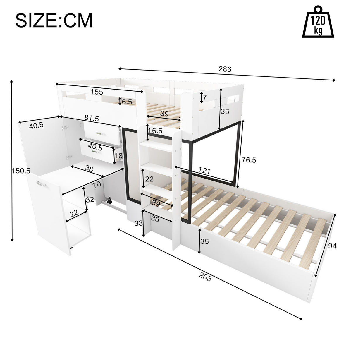 ETAGENBETT aus MDF 90x200 cm in Weiß mit Schreibtisch & Stauraum - Weiß, Holzwerkstoff (90/200cm) - Modfu