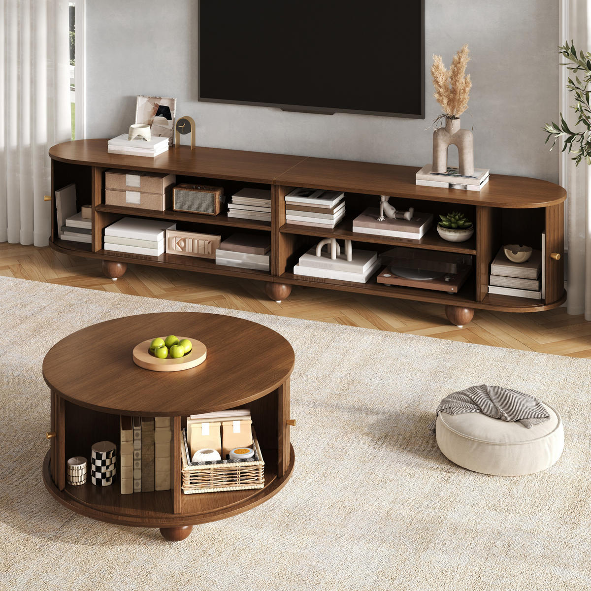 TV-SCHRANKSET Couchtisch Rund Relief Schiebetüren MDF - Walnussfarben, Holzwerkstoff (180/45/35cm) - FLIEKS