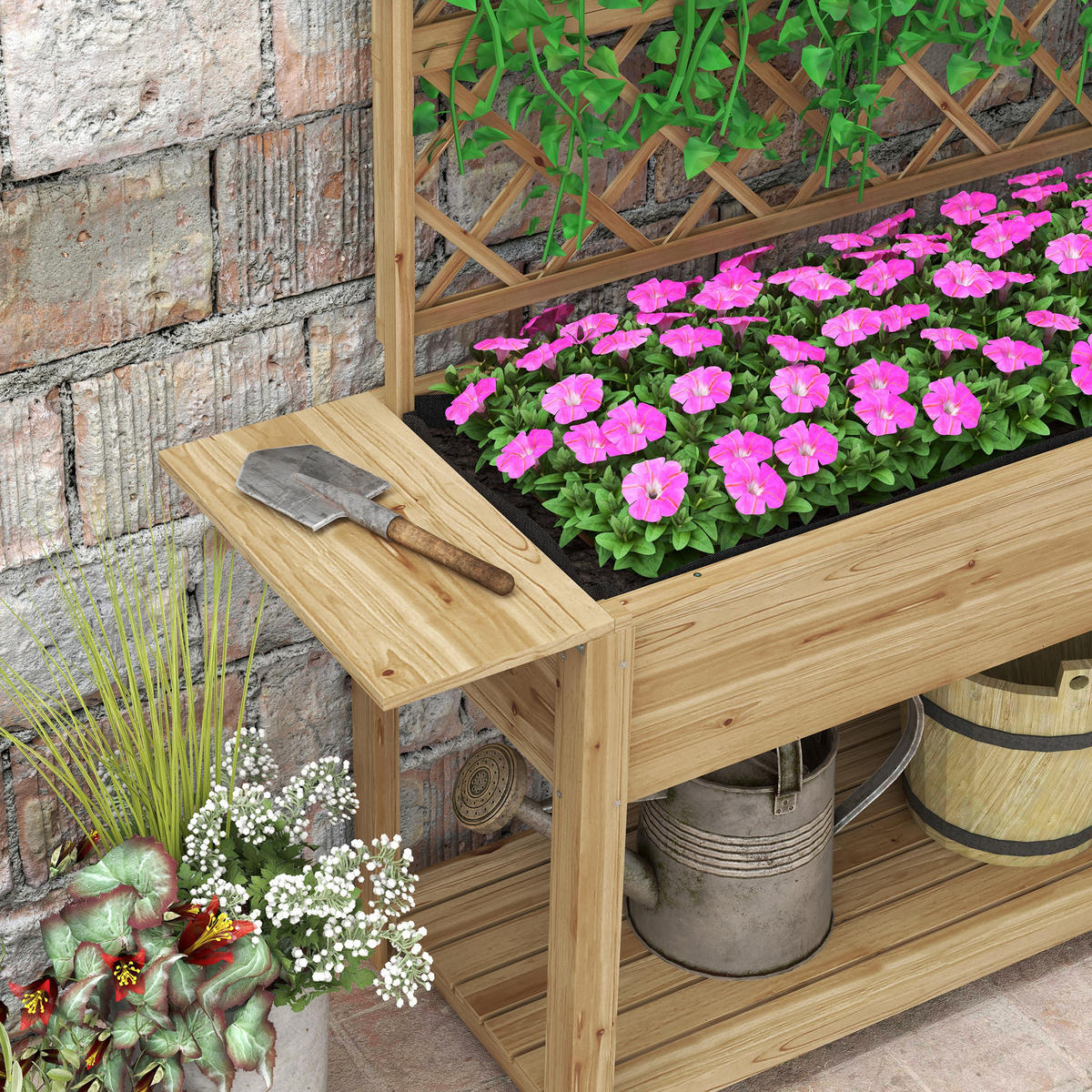 HOCHBEET DE-15996 140/45/151 cm, mit Spalier und Klapptischen Holz - Naturfarben, Holzwerkstoff (140/151/45cm) - ComfortXL