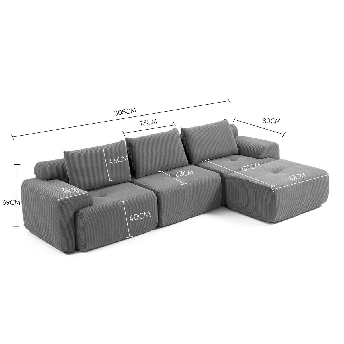 ECKSOFA 305/154/69 cm Dunkelgrau Cord mit 1 Fußhocker - Dunkelgrau, Textil (305/154cm) - Oxeza