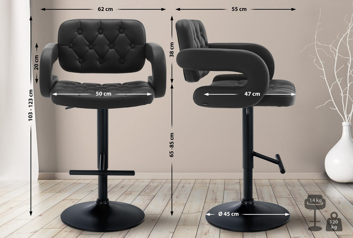BARHOCKER Dublin 103-123x62x55 cm schwarz - Schwarz, Leder (62/103/55cm) - furnicato