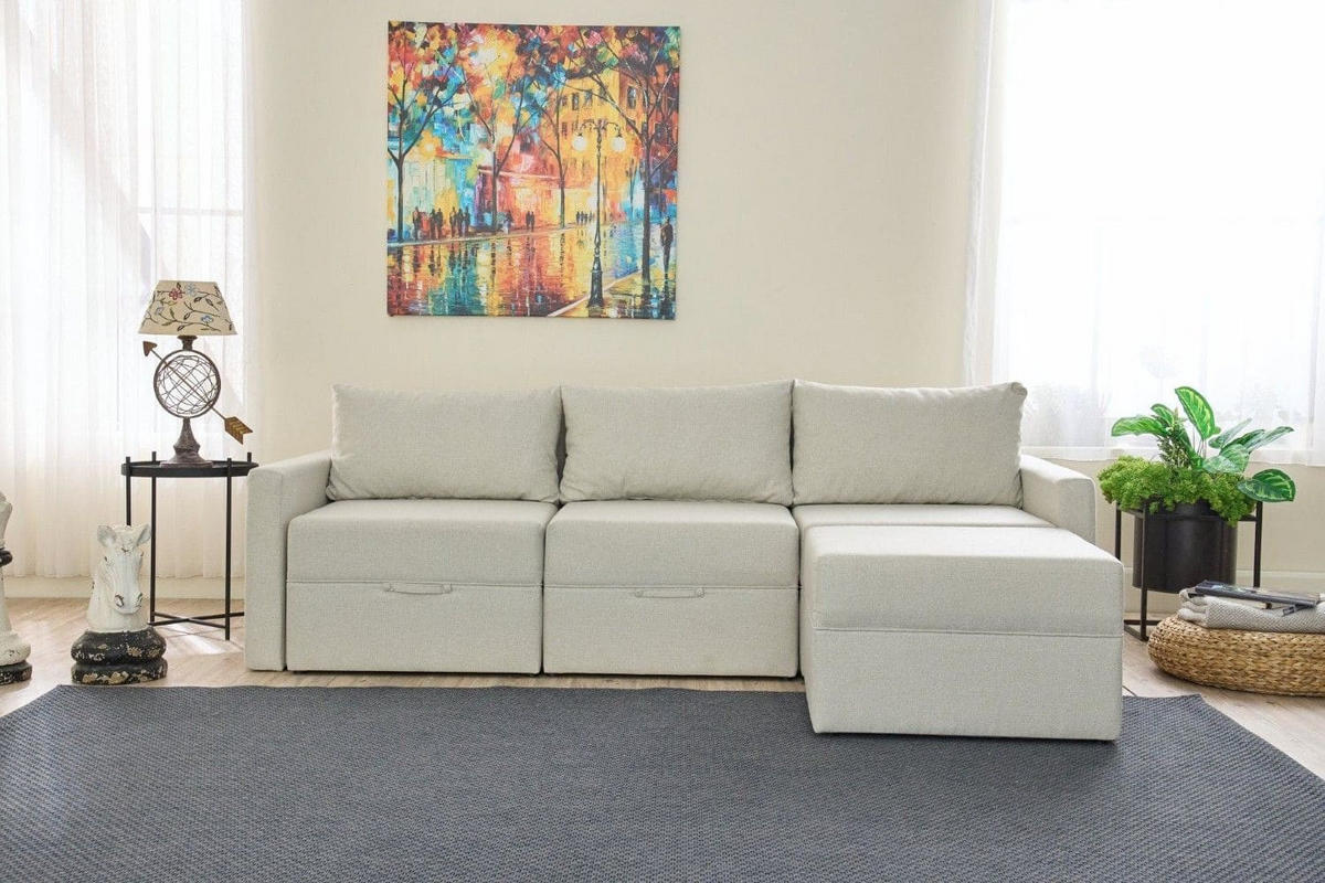 ECKSCHLAFSOFA mit Hocker - Beige/Creme, Holz/Kunststoff (230/180cm) - myHomelando
