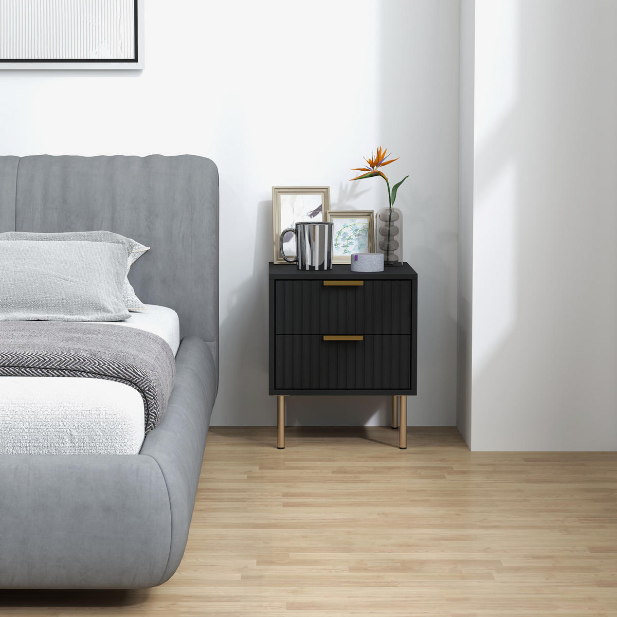NACHTTISCH Schwarz MDF Stahl 2 Schubladen - Schwarz, Holzwerkstoff (40/48/39cm) - PANGIVO