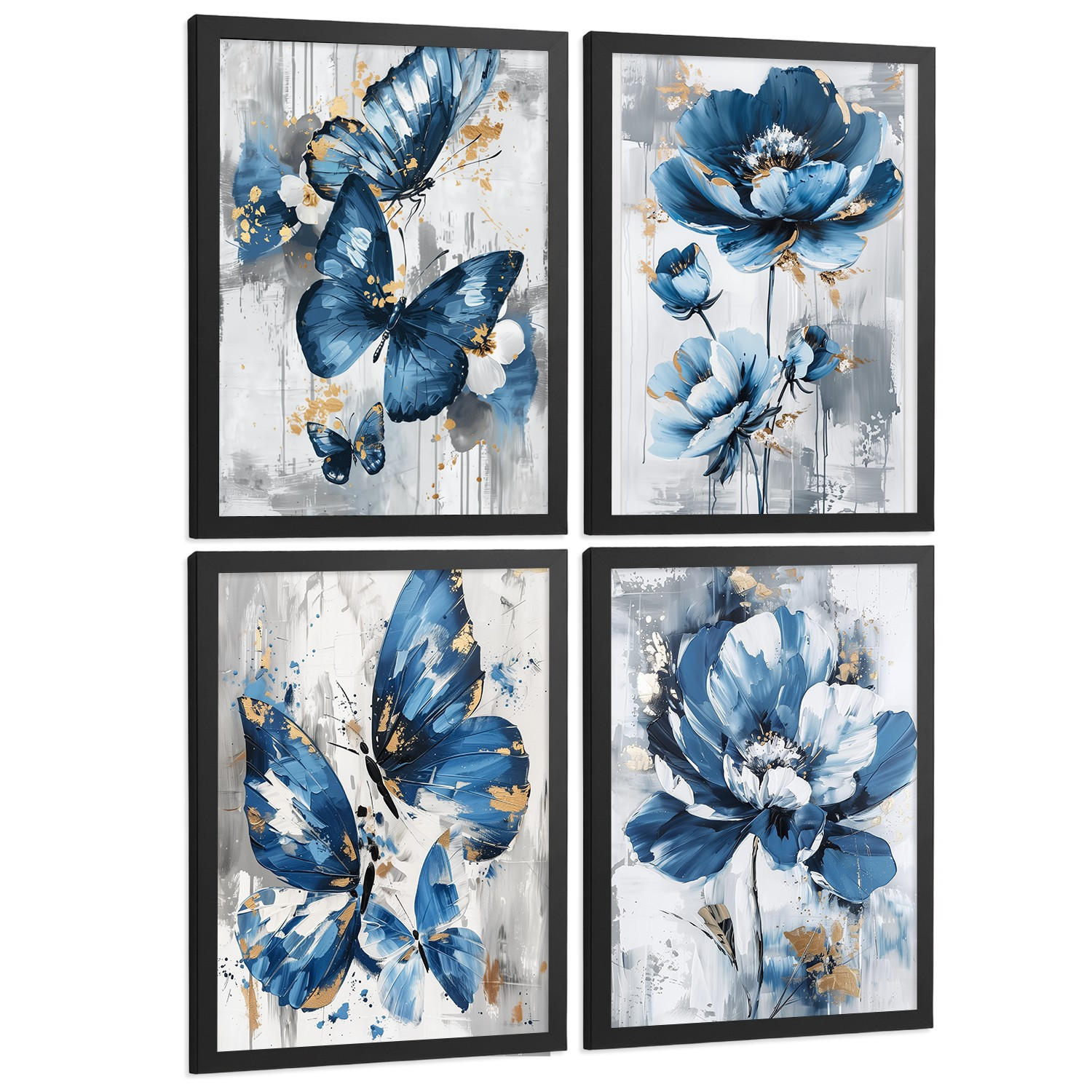 POSTER 4er Kunstdruck-Set Wandbilder Blumen Blau Schmetterlinge modern Wohnzimmer Deko, Schlafzimmer, Küche, Badezimmer Rahmenlos A4 - Schwarz, Papier (29.7/1/21cm) - Nacnic