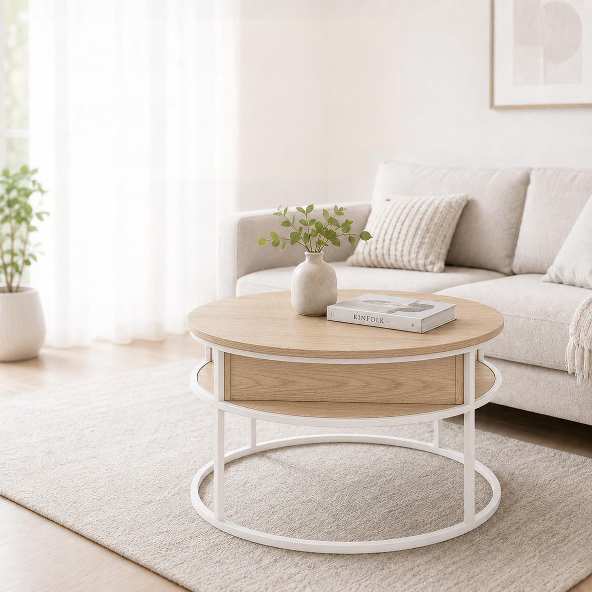 STOLÍK Biela béžová so zdvíhacou doskou s úložným priestorom - béžová, kov/kompozitné drevo (80/80/47cm) - Relaxdays