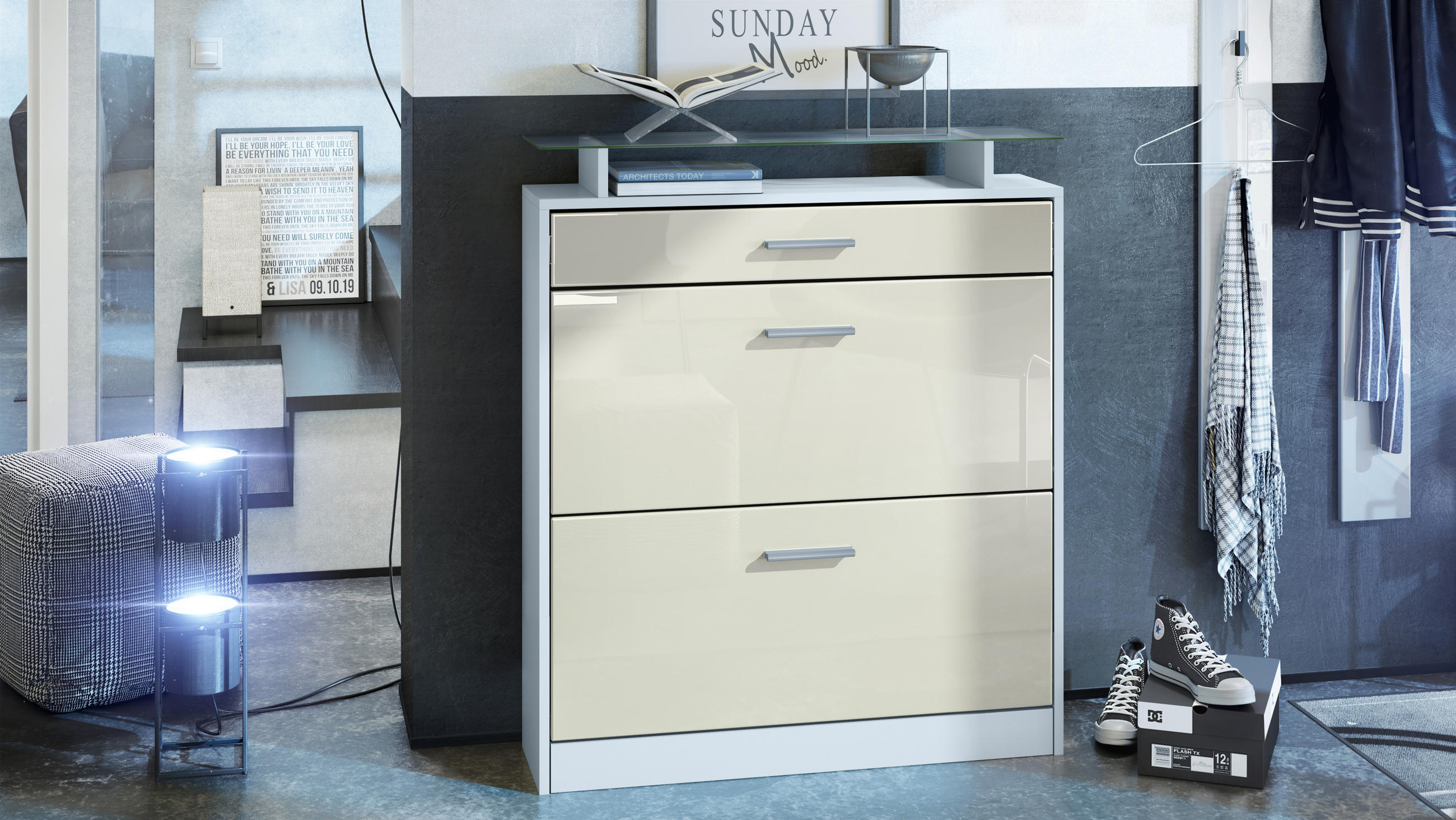 SCHUHSCHRANK Loret Front in Creme Hochglanz - Creme, Holzwerkstoff (89/104/23cm) - Vladon