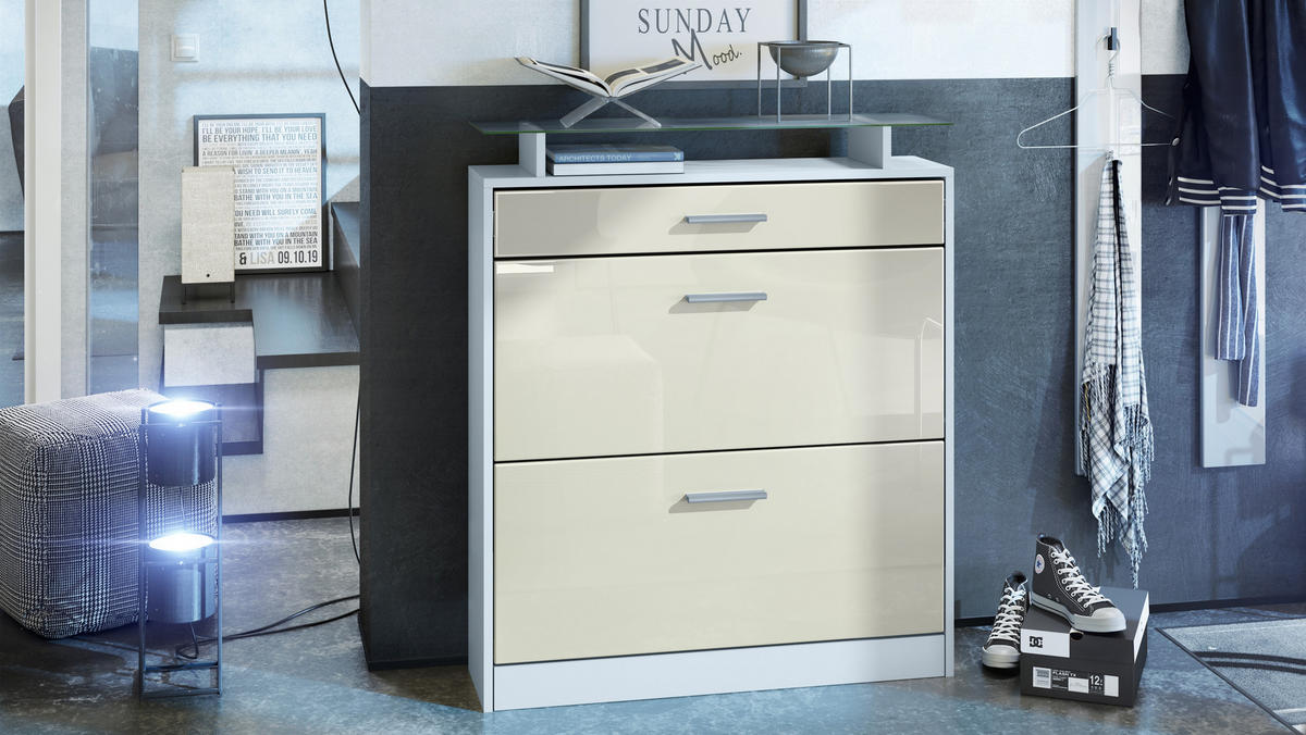 SCHUHSCHRANK Loret Front in Creme Hochglanz - Creme, Holzwerkstoff (89/104/23cm) - Vladon
