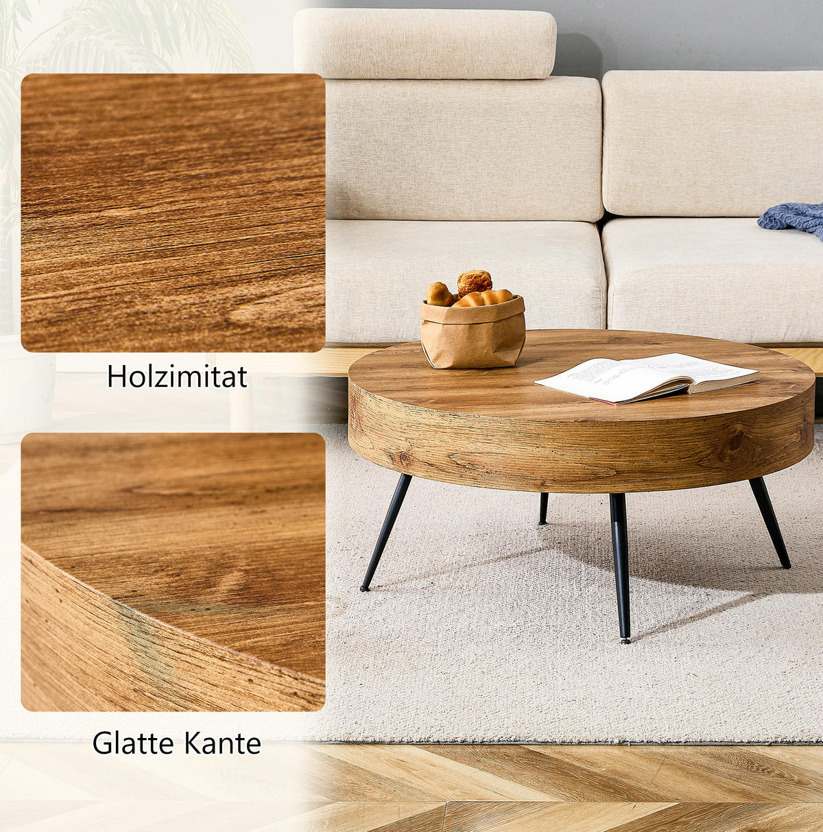 COUCHTISCH 70 cm in Holzoptik mit Metallbeinen, Höhe 35,5 cm - Schwarz, Holzwerkstoff (70/70/35.5cm) - BEAOK