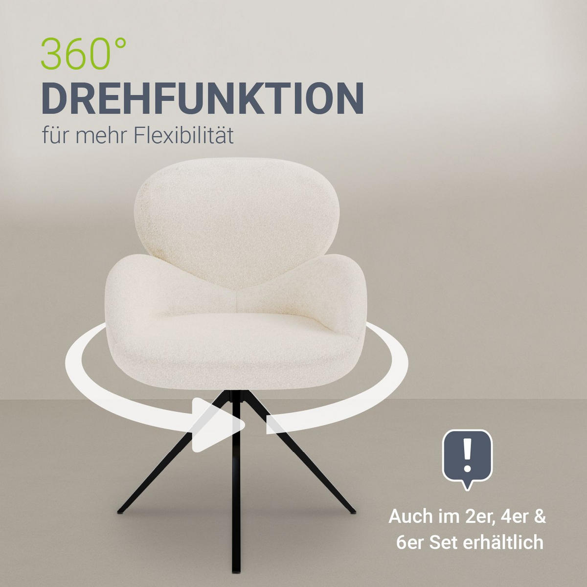 DREHSTUHL Albano Bouclé Creme (6er-Set) - Creme, Textil (59/90/65cm) - Juskys