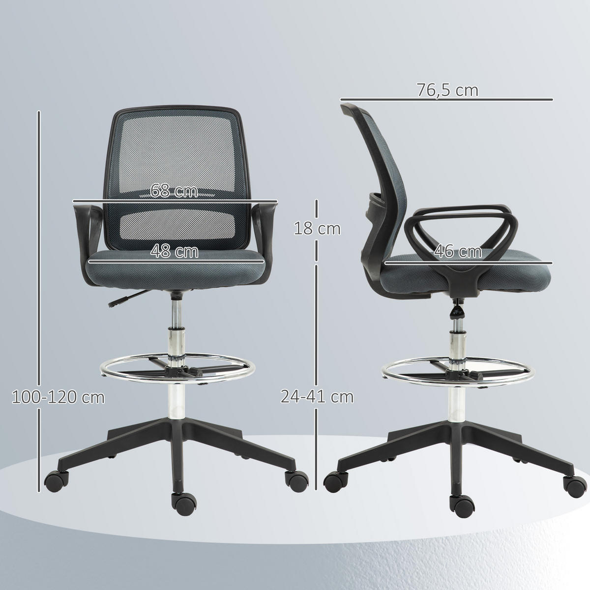 BÜROSTUHL DE-05184 Mit Armlehnen, Fußring & Netzbespannung Grau - Grau, Kunststoff (66/120/68cm) - ComfortXL