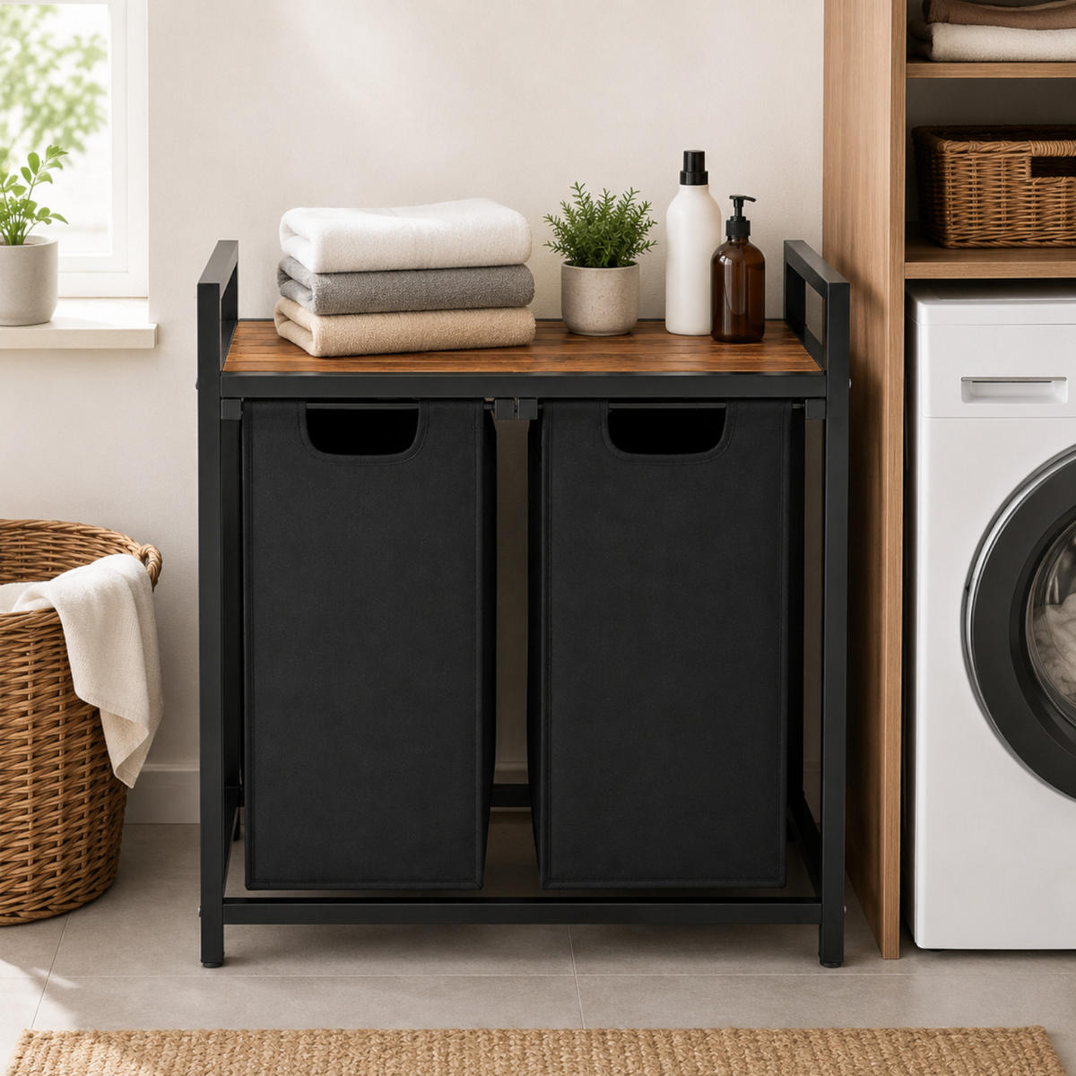 WÄSCHEKORB – Metall – Schwarz – 2 herausnehmbare Wäschesäcke – Ablage – 73x33x71 cm (92l) - Schwarz/Braun, Metall (73/71/33cm) - Begryf
