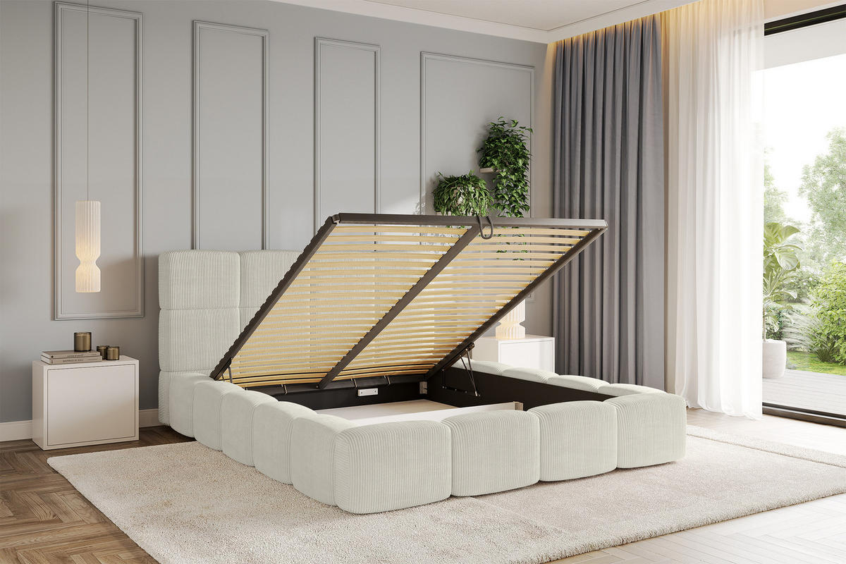 POLSTERBETT mit Bettkasten und Lattenrost, Bett mit Kopfteil, Boxbett ohne Matratze, Doppelbett mit Stauraum - NATA 120x200 Creme - Ecru, Holzwerkstoff/Textil (120/200cm) - ALTDECOR