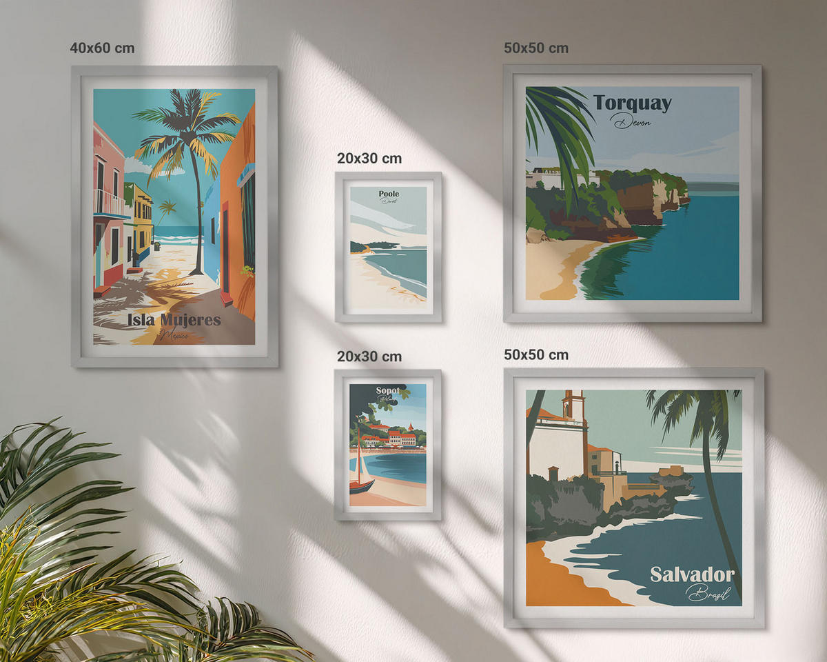 BILDER SET 5er Set - 50x50 cm & 20x30 cm & 40x60 cm Silberner Rahmen - Retro-Ansichten von Städten auf der ganzen Welt - Silberfarben, Kunststoff (40/60cm) - TULUP