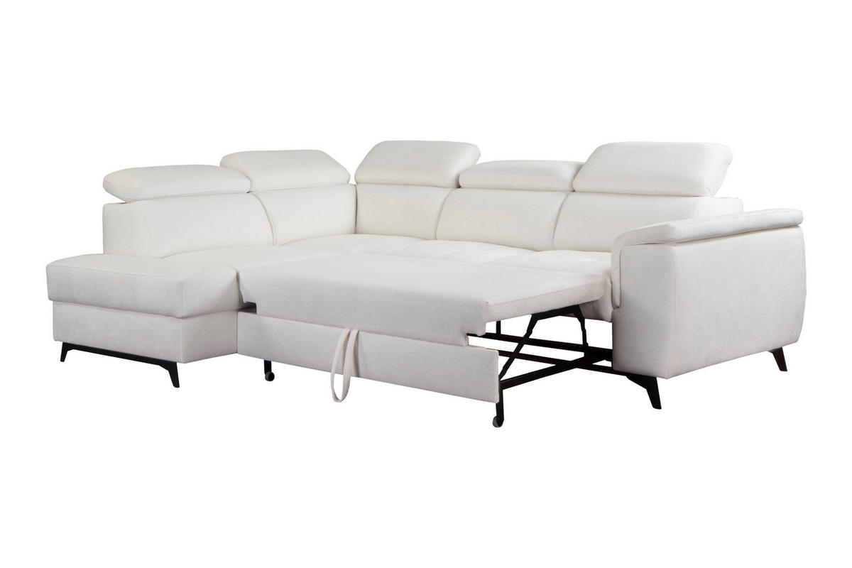 ECKSOFA VOLA Weiß Velours-Stoff mit Schlaffunktion - Weiß, Holz (270/199cm) - MASSENO