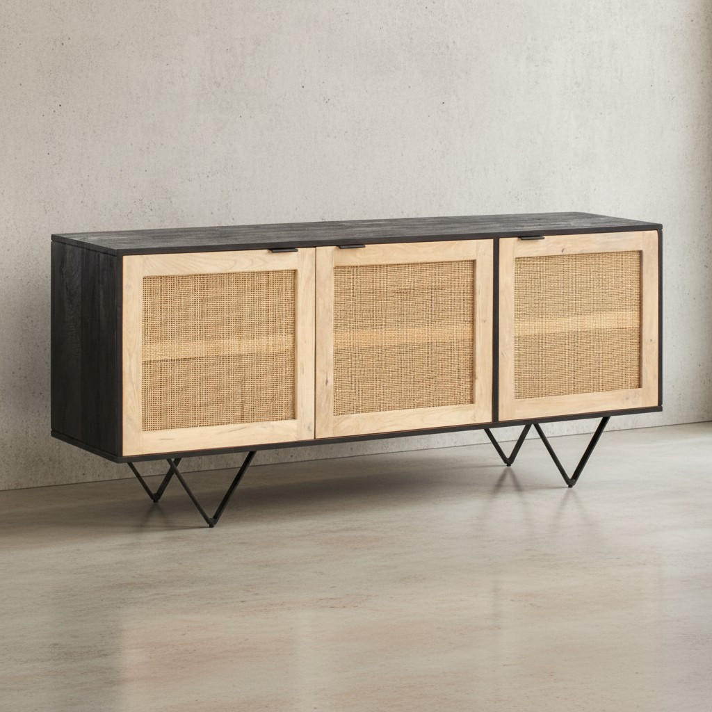 SIDEBOARD – Mango Massivholz/Rattan, 175x75x45 cm, 3 Türen, schwarz/braun - Schwarz, Holz/Metall (175/75/45cm) - KADIMA DESIGN