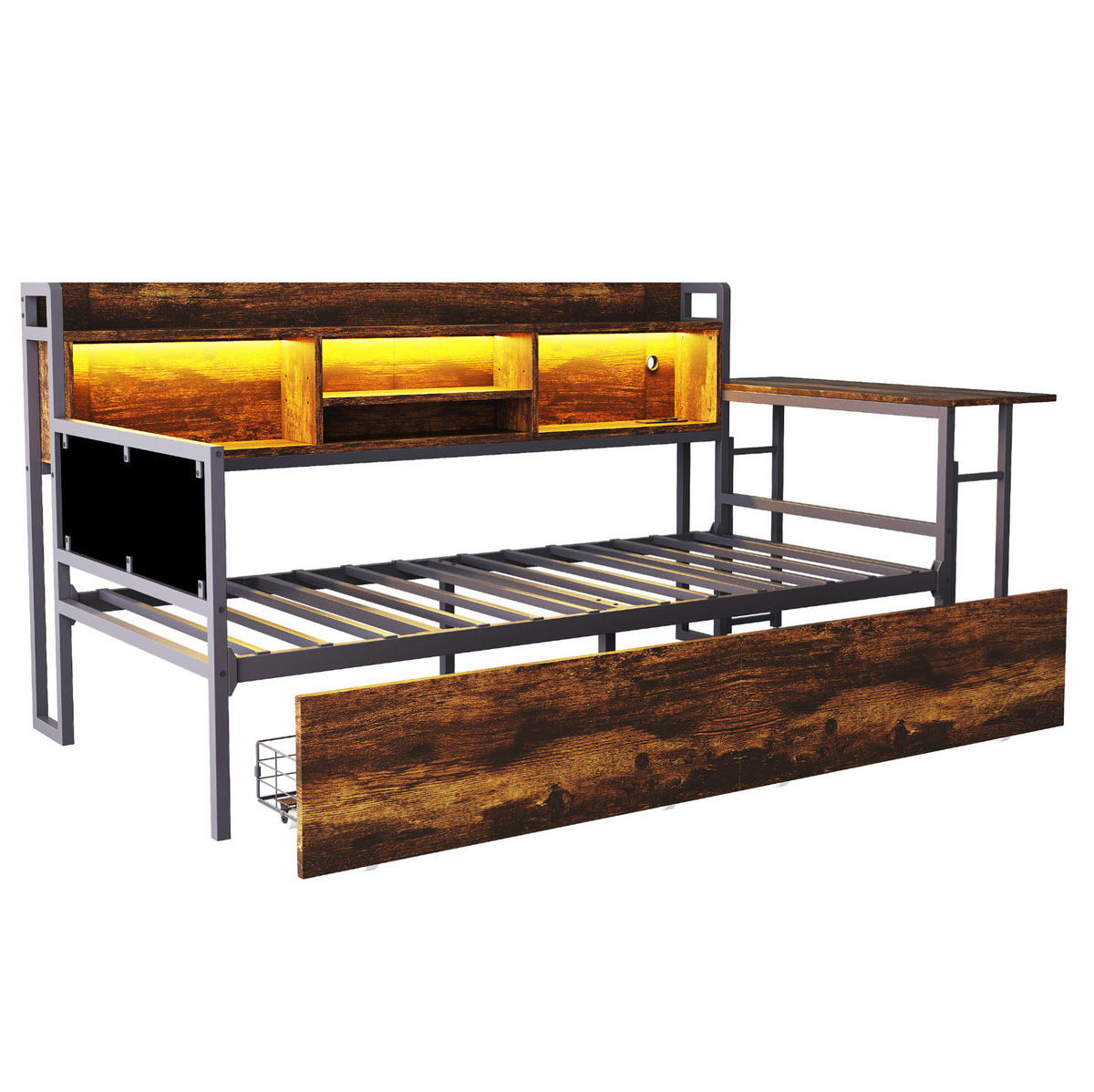 EINZELBETT 90/200 cm mit LED, Steckdose, Klappschreibtisch und 2 Schubladen, Metall, Weiß/ farbe - Naturfarben, Metall (90/200cm) - Redom