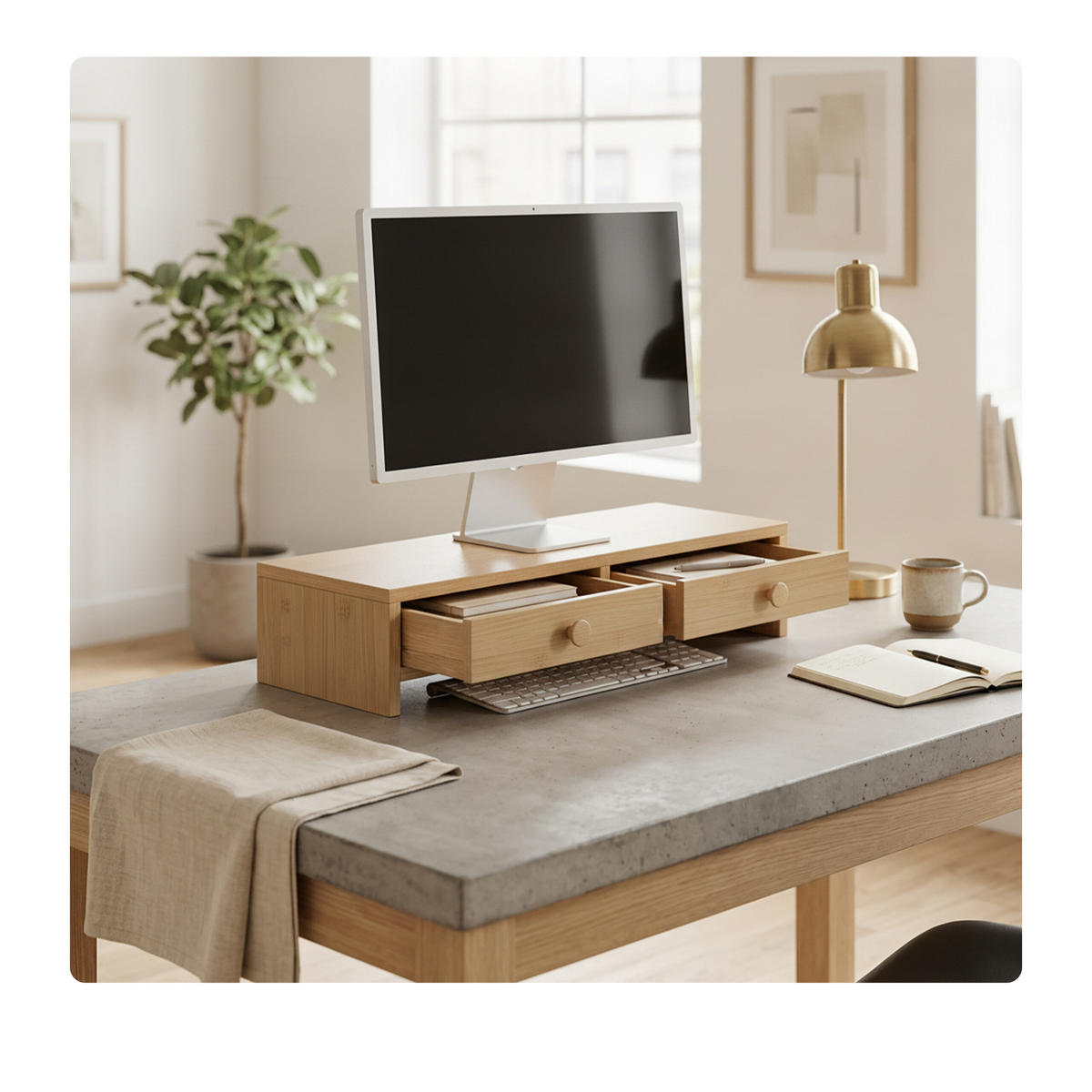 MONITORSTÄNDER Braun Holzoptik MDF 2 Schubladen - Hellbraun, Holzwerkstoff (18/47/12.5cm) - Relaxdays