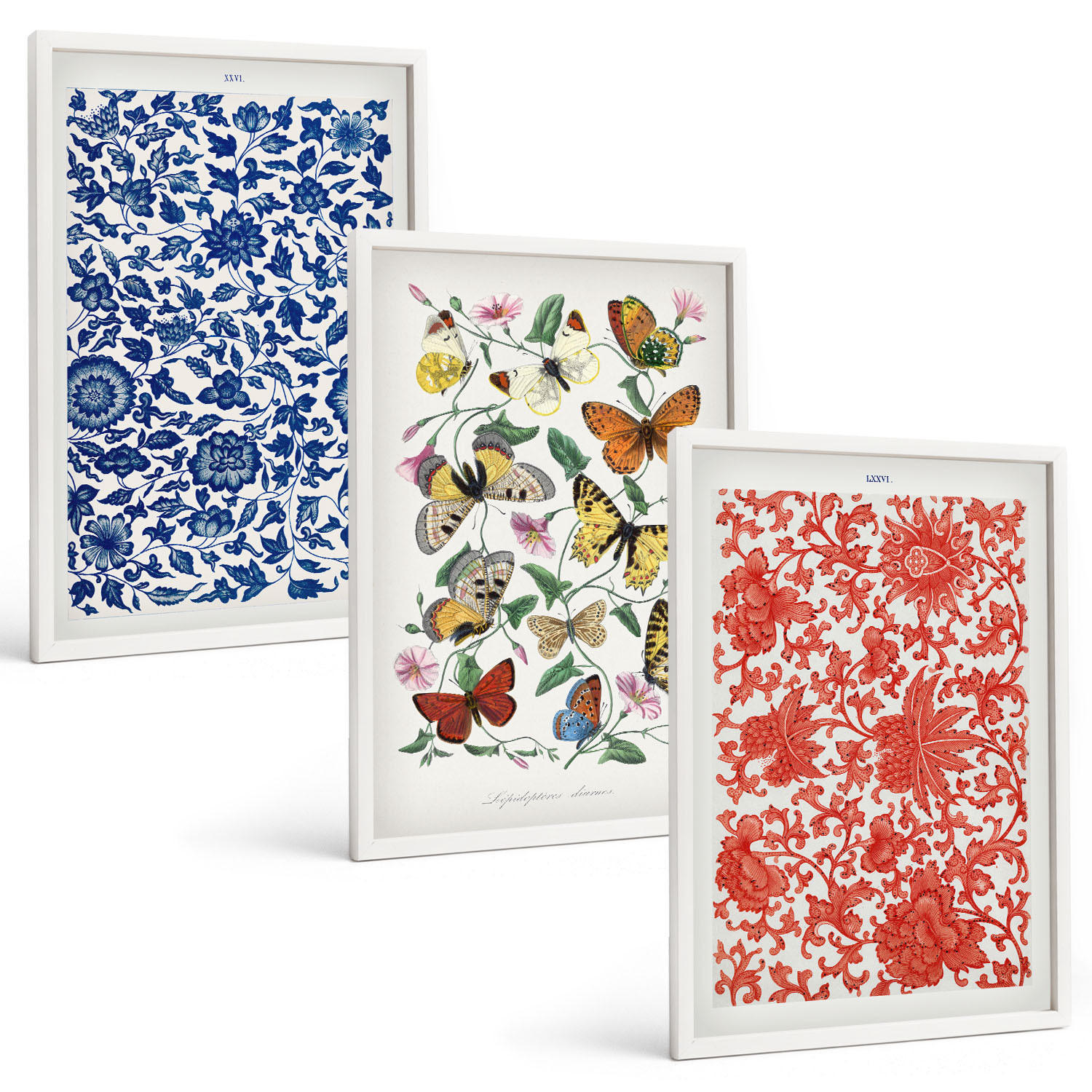 BILDER SET 3er Set - 40x60 cm Weißer Rahmen - Vintage-Blumen-Schmetterlings-Ornamente - Weiß, Kunststoff (40/60cm) - TULUP