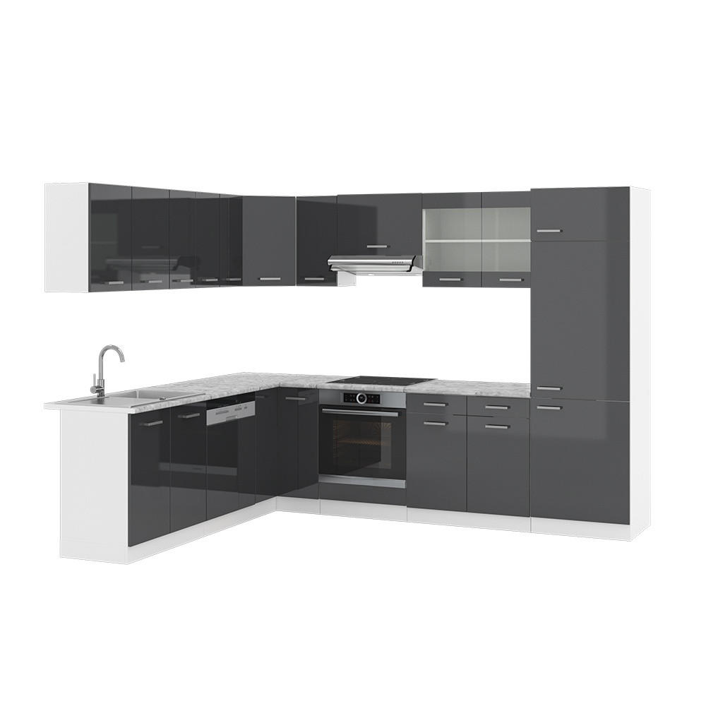 ECKKÜCHE R-Line, Anthrazit Hochglanz/Weiß, 287 x 227 cm ohne Arbeitsplatte - Schwarz Hochglanz/Weiß, Holzwerkstoff (287/81.6/46cm) - Vicco