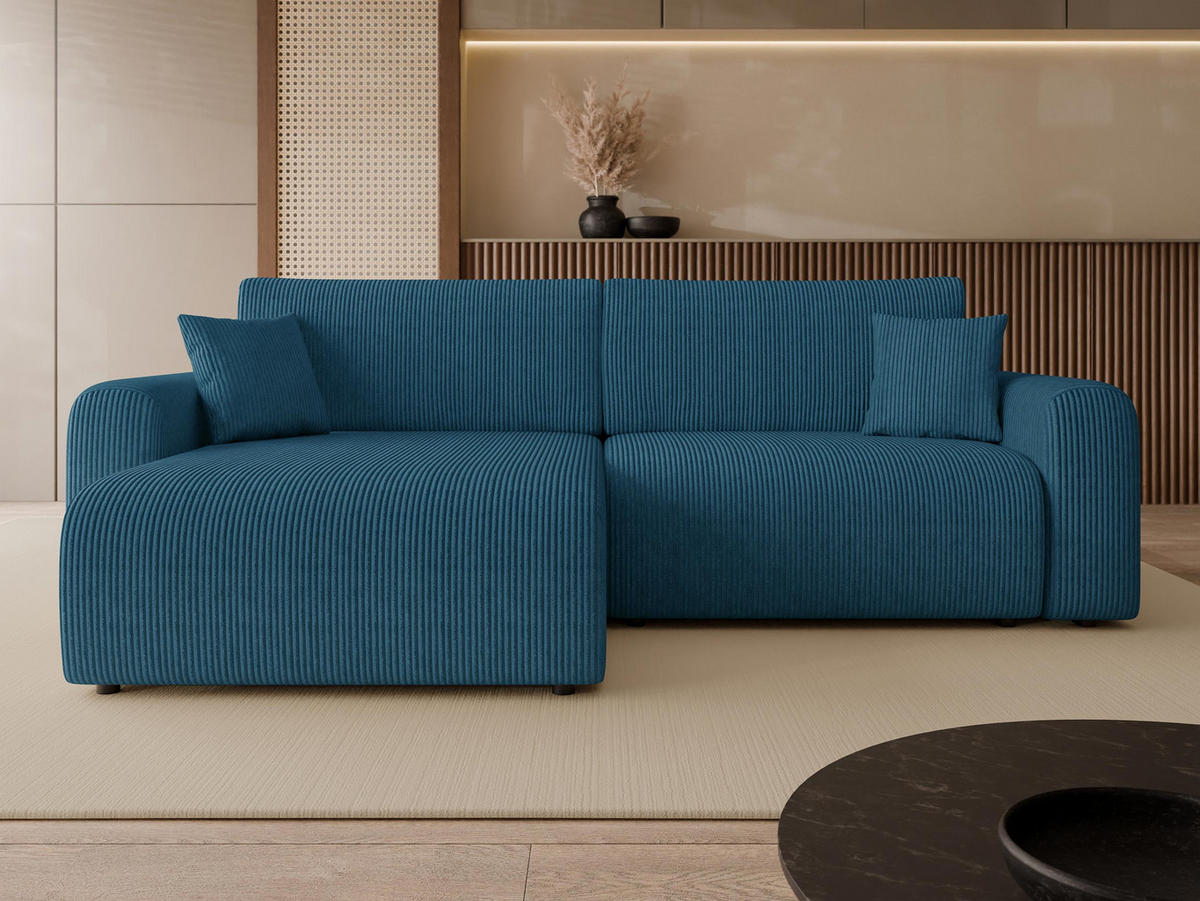 ECKSOFA Floryn L Cord - Blau/Schwarz, Holz/Kunststoff (245/145cm) - MIRJAN24