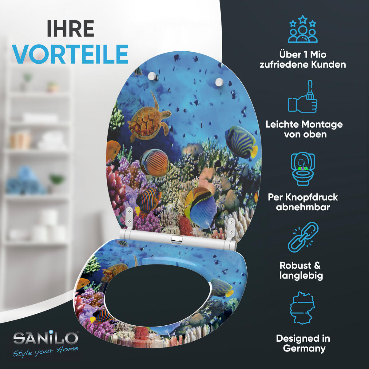WC-SITZ mit Absenkautomatik & Top Fix Ocean - Blau, Holzwerkstoff (37.7/5.5/48cm) - Sanilo