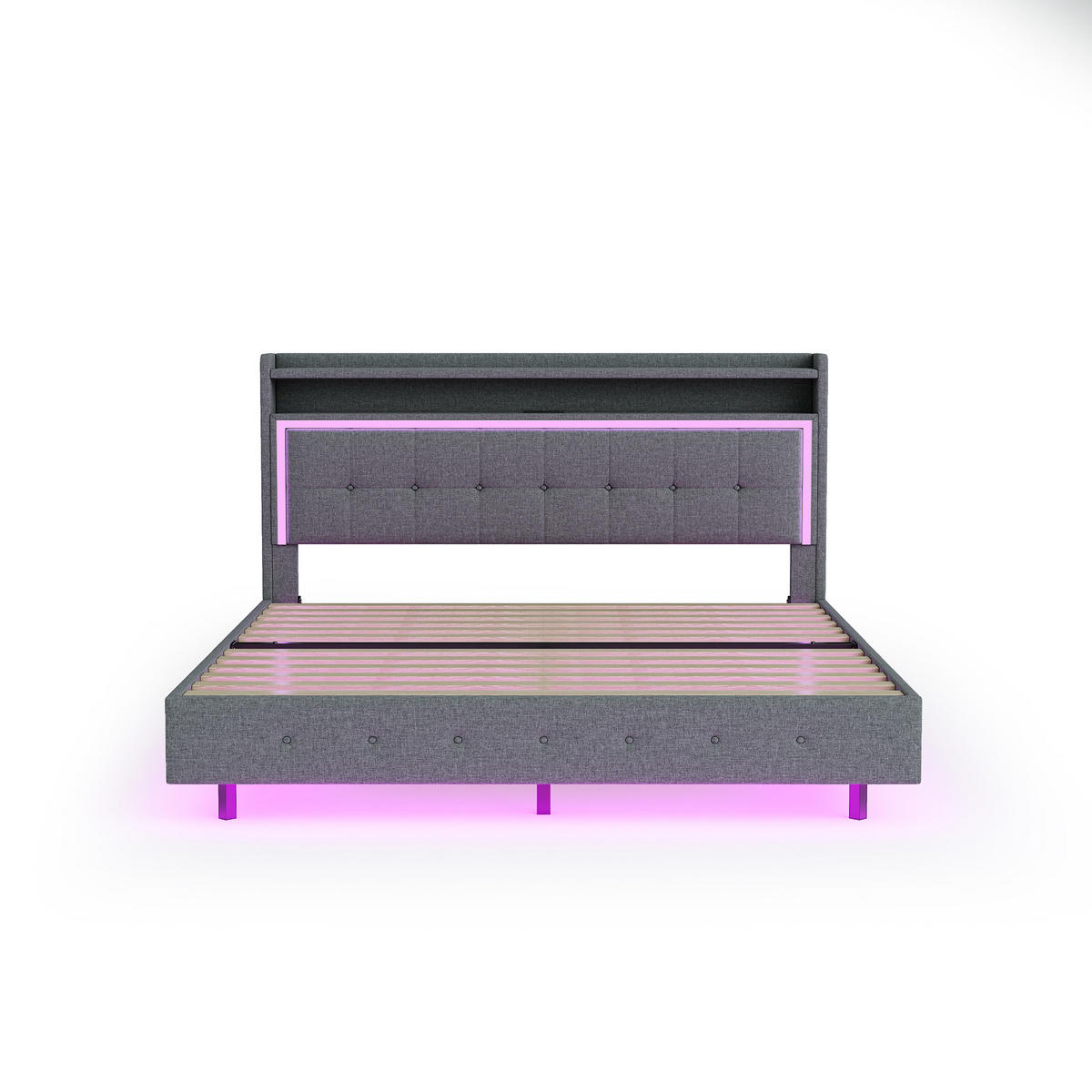 POLSTERBETT 140/200 cm grau mit USB-Steckdose und LED-Beleuchtung - Grau, Textil (140/200cm) - OKWISH