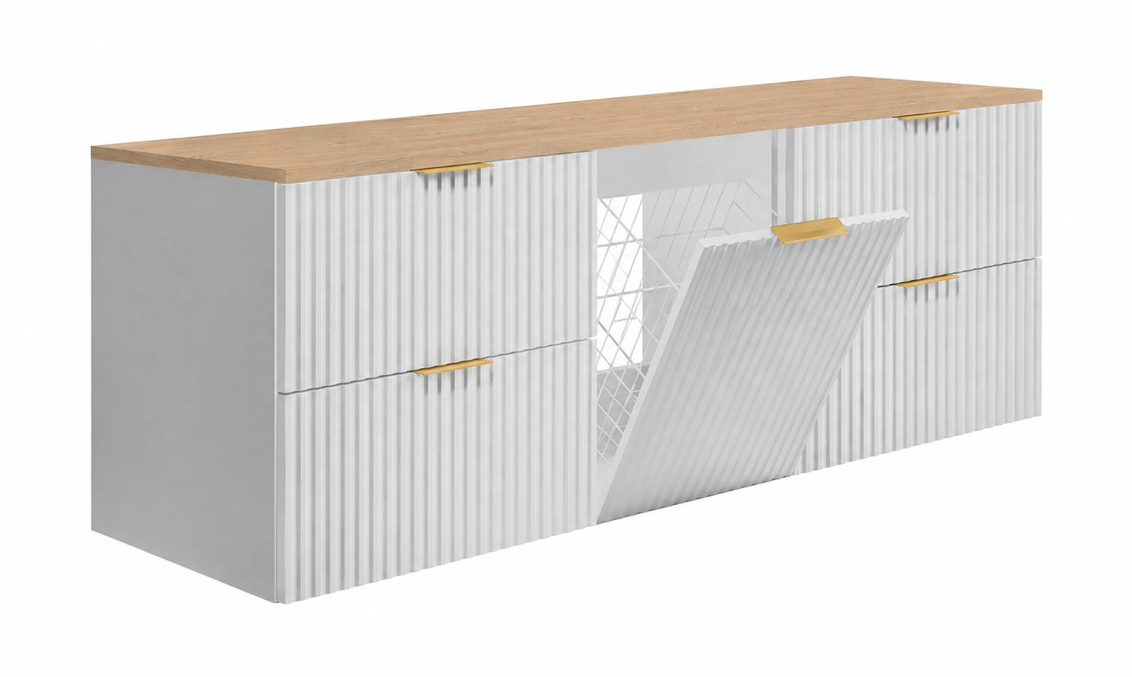 BADMÖBEL-SET MIT WÄSCHEKORB: Weiß / Platte Eiche Hell, Griffe Gold, 160 x 46 x 57 cm - Eichefarben/Weiß, Holzwerkstoff (160/57/46cm) - 3XE LIVING