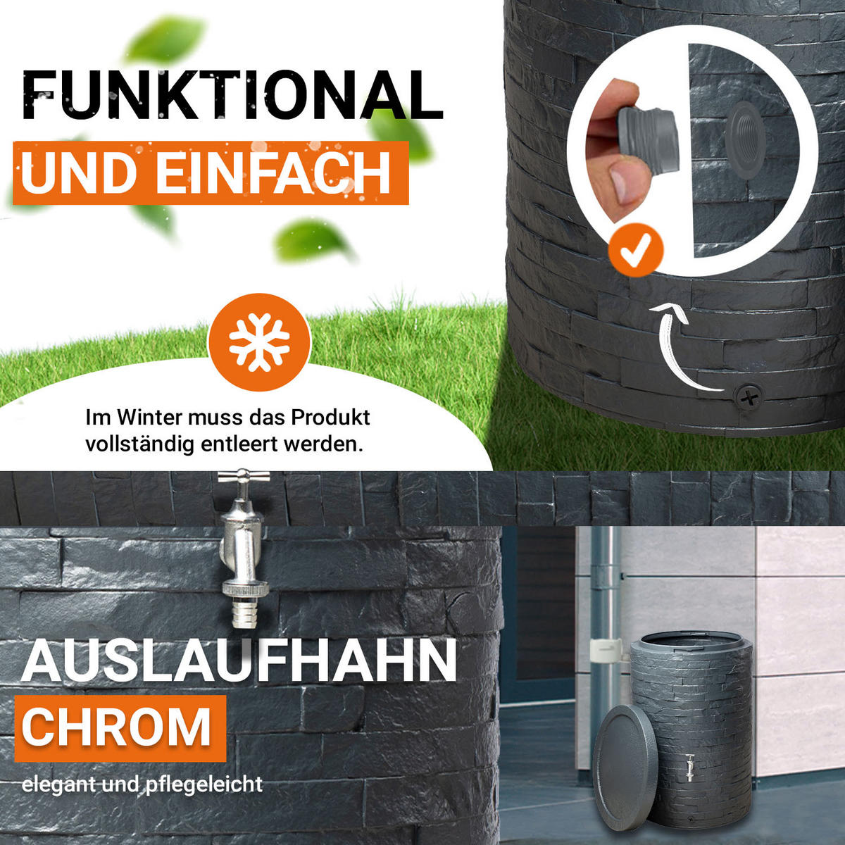 REGENTONNEN Komplett-Set 420 L graphite grey inkl. Chrom-Auslaufhahn und Fallrohranschluss - Grau, Kunststoff (79/104/79cm) - GARANTIA