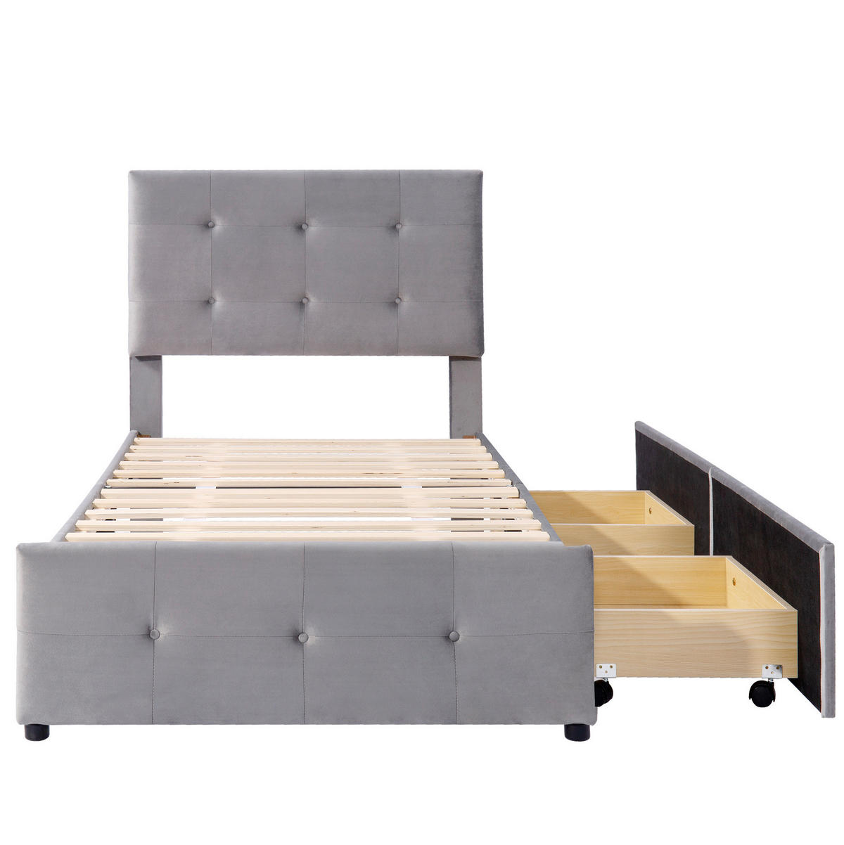 POLSTERBETT 90/200 cm mit Lattenrost, Schublade und höhenverstellbarem Kopfteil, Grau - Grau, Textil (90/200cm) - Redom