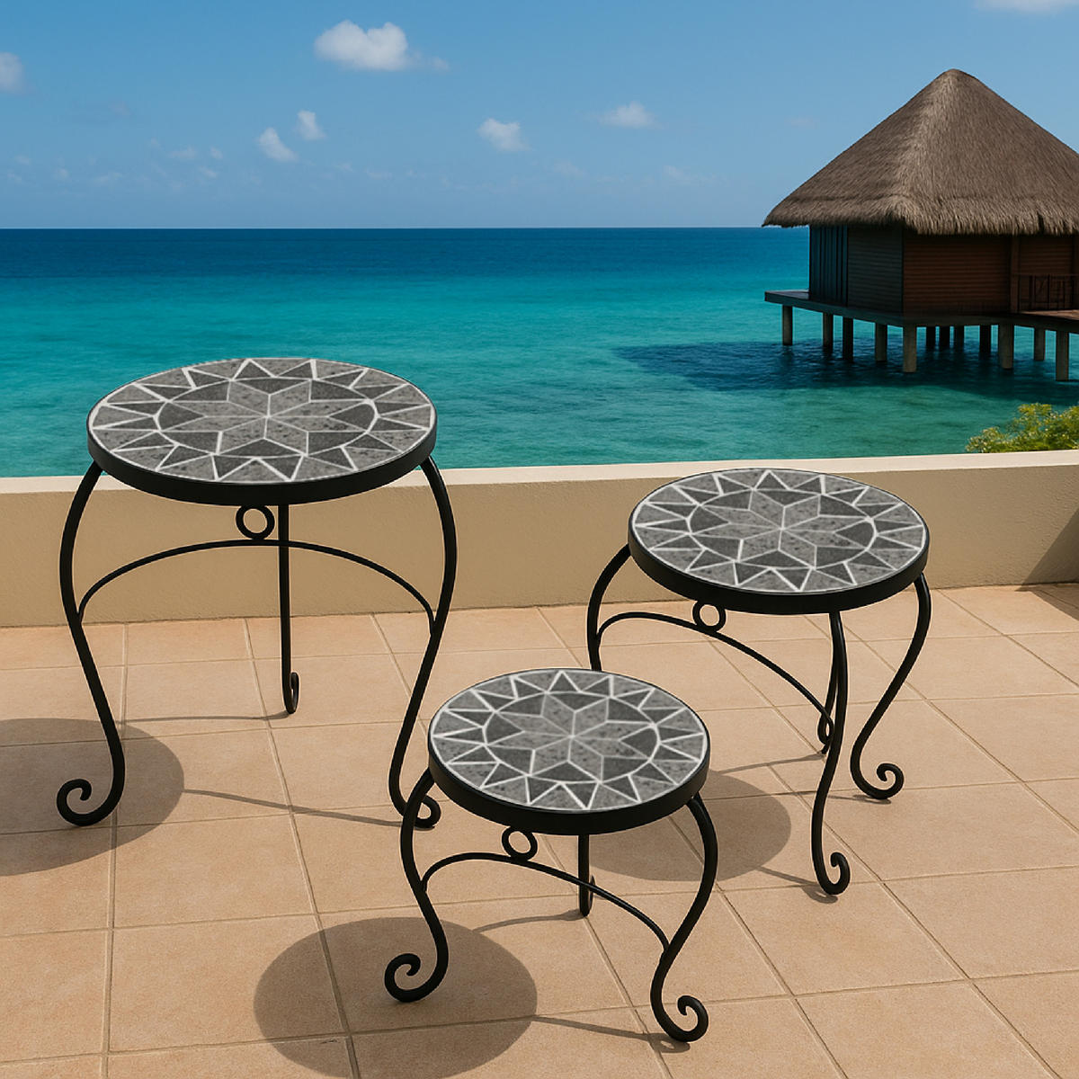 BEISTELLTISCHE 3-ER SET Lancaster - Stahlgestell - Tischplatten aus echter Keramik in Mosaik Optik, Farbe grau - Grau, Metall (36.5/36.5/40.5cm) - TPFGarden
