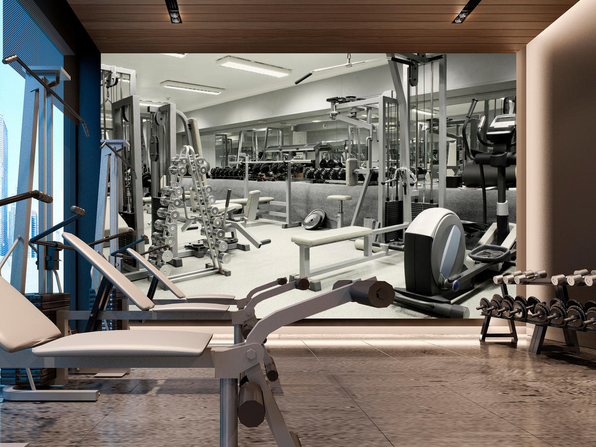 FOTOTAPETE Fitnessstudio Innenraum Equipment Modern Sport 350x256 - Ecru/Creme, Papier (350/256cm) - Muralo