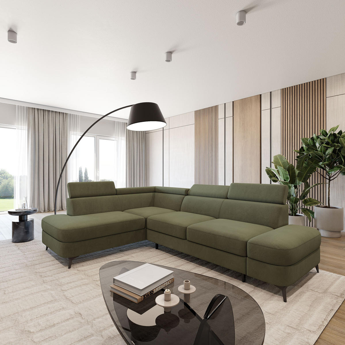 ECKSOFA AVISE MV L-S Grün Velours-Stoff mit Schlaffunktion - Grün, Holzwerkstoff/Textil (268/195cm) - MASSENO