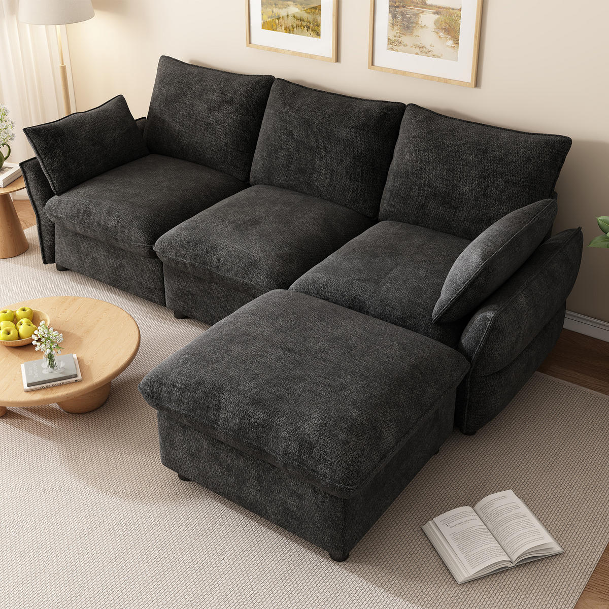 ECKSOFA 222.5/154.5/76.5 cm Dunkelgrau Chenille mit 1 Fußhocker - Dunkelgrau, Textil (222.5/154.5cm) - Oxeza