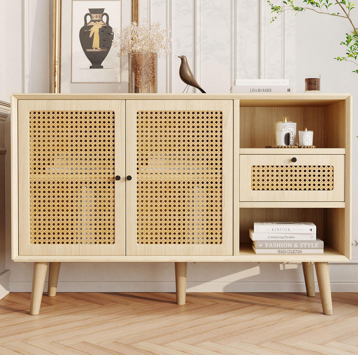 SIDEBOARD 120/40/80 cm, Eiche-Optik mit Rattan-Details, 1 Schublade und 2 magnetische Türen, verstellbare Einlegeböden, Eiche - Eichefarben, Holzwerkstoff (120/80/40cm) - Redom
