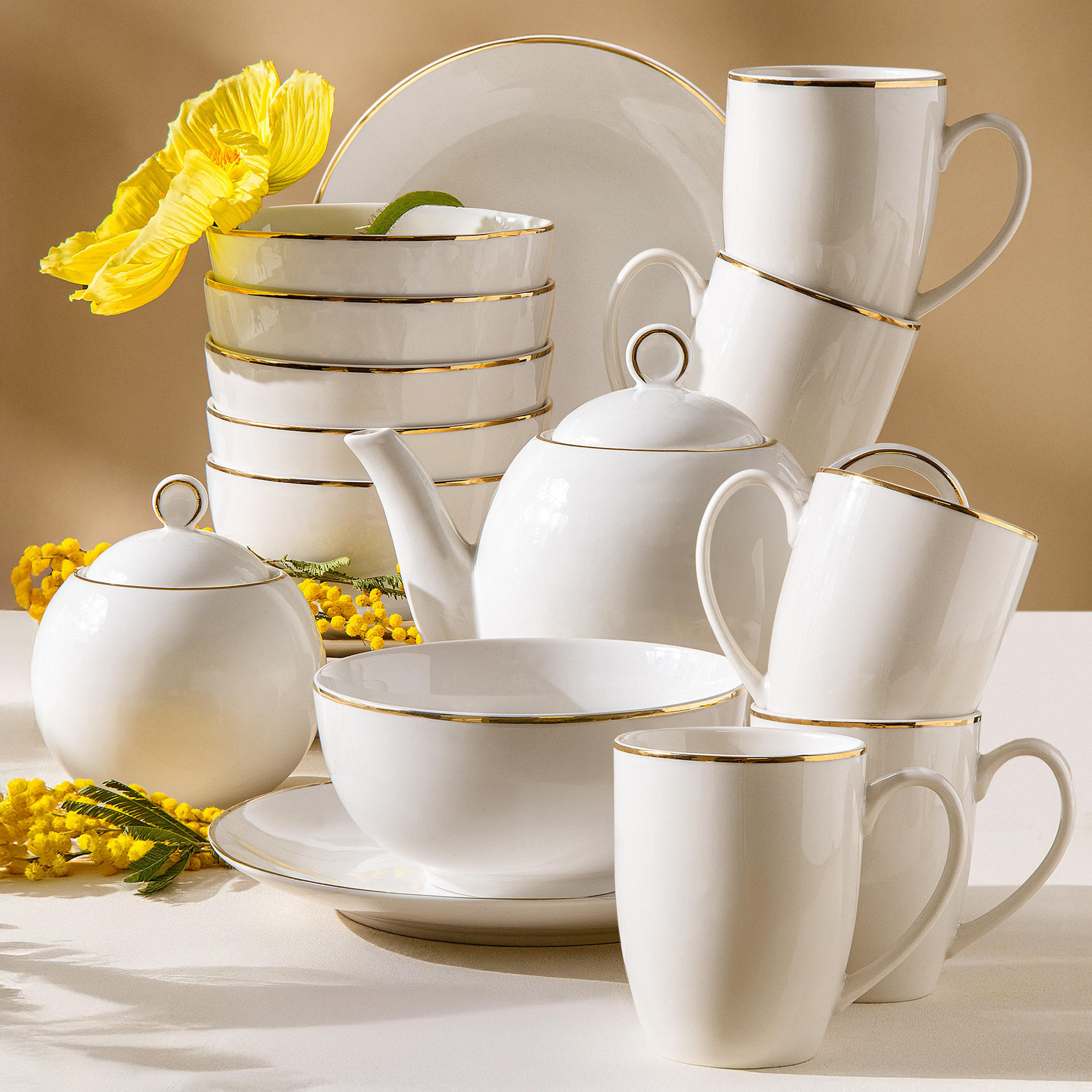 FRÜHSTÜCKSGESCHIRRSET AD BELLA, 20-tlg - Ecru/Goldfarben, Keramik (20/12.5/20cm) - KONSIMO®