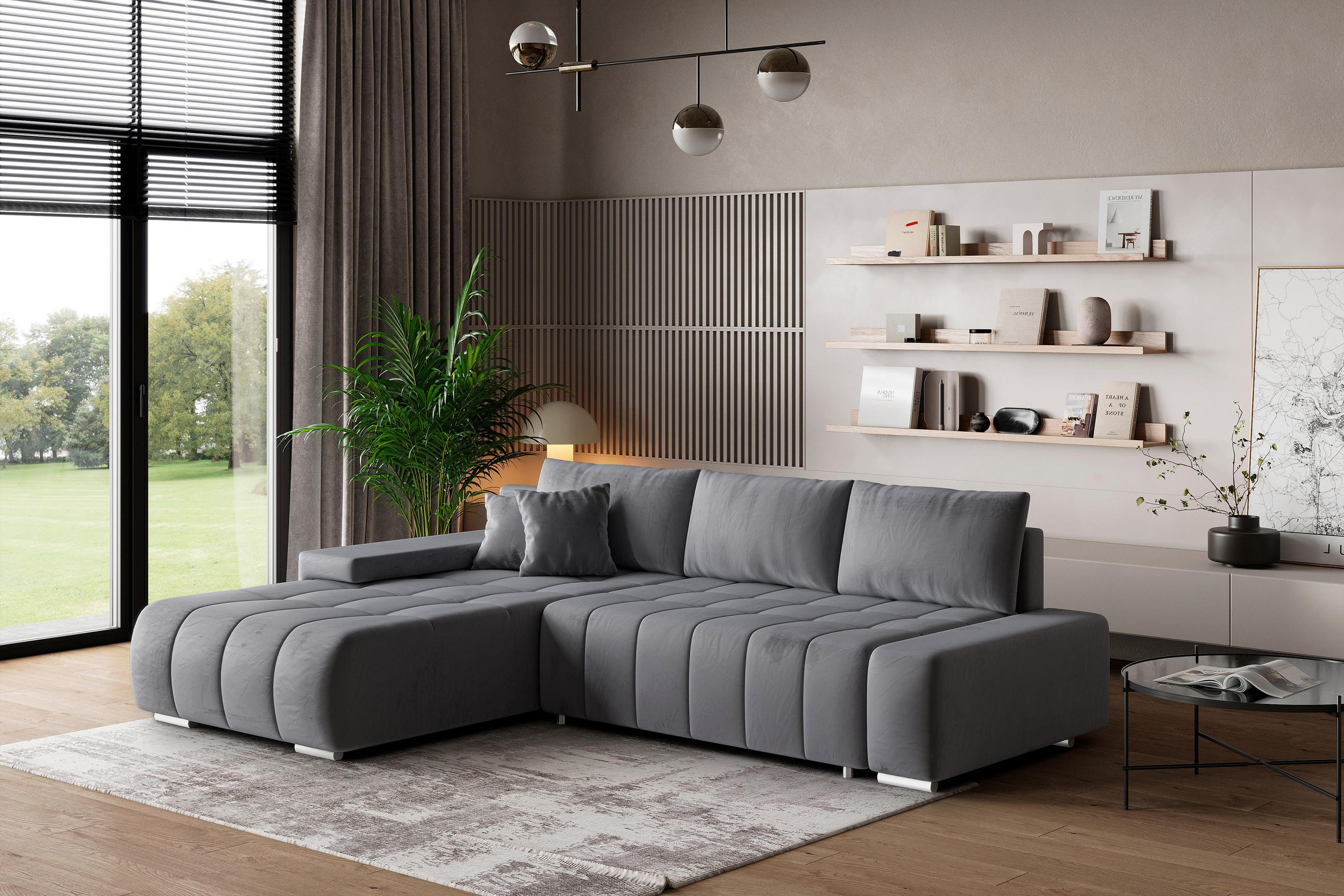 ECKSOFA ALESE L-S Grau Velours-Stoff mit Schlaffunktion - Grau, Holz (265/185cm) - MASSENO