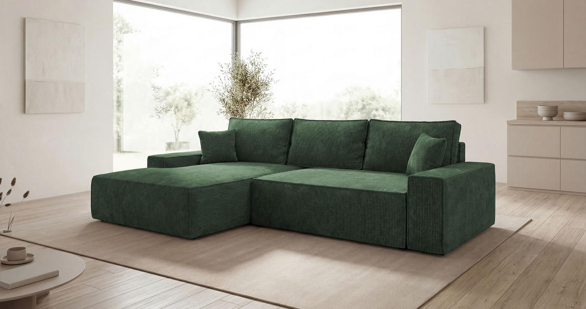 ECKSOFA VERONA links grün Cord Poso 14 - Schlaffunktion, Bettkasten - Grün, Textil (280/185cm) - Cornero