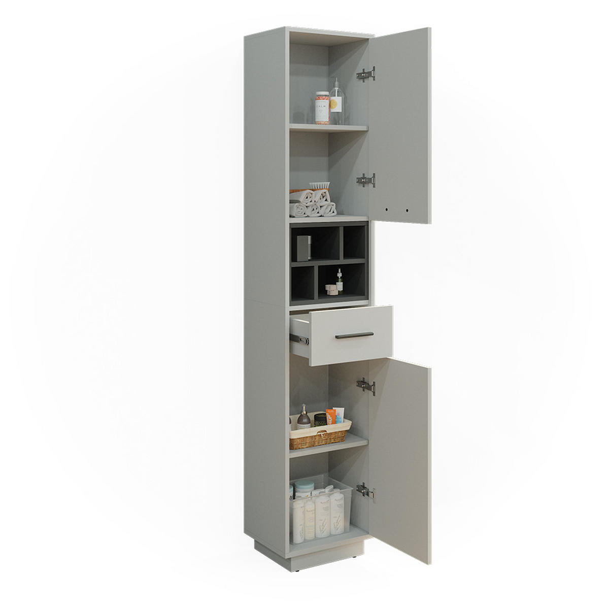 BADSCHRANK Beatrice Grau/Anthrazit 38 x 190 cm mit Türen, Schubladen und Fächern - Grau, Holzwerkstoff (38/190/30cm) - Vicco