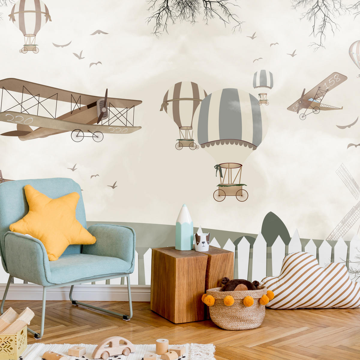 FOTOTAPETE für Kinderzimmer Retro Flugzeuge Ballons Vintage Beige 200x140 - Beige/Braun, Papier (200/140cm) - Muralo