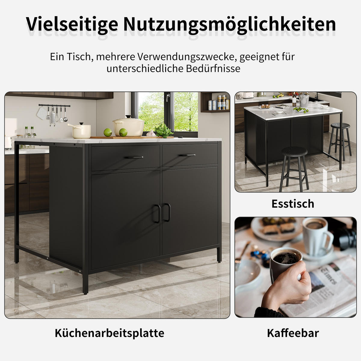 STEHTISCH 100x90x90cm Schwarz Marmoroptik mit 2 Schubladen & Eisenbeinen - Schwarz, Holzwerkstoff (100/90/90cm) - Modfu