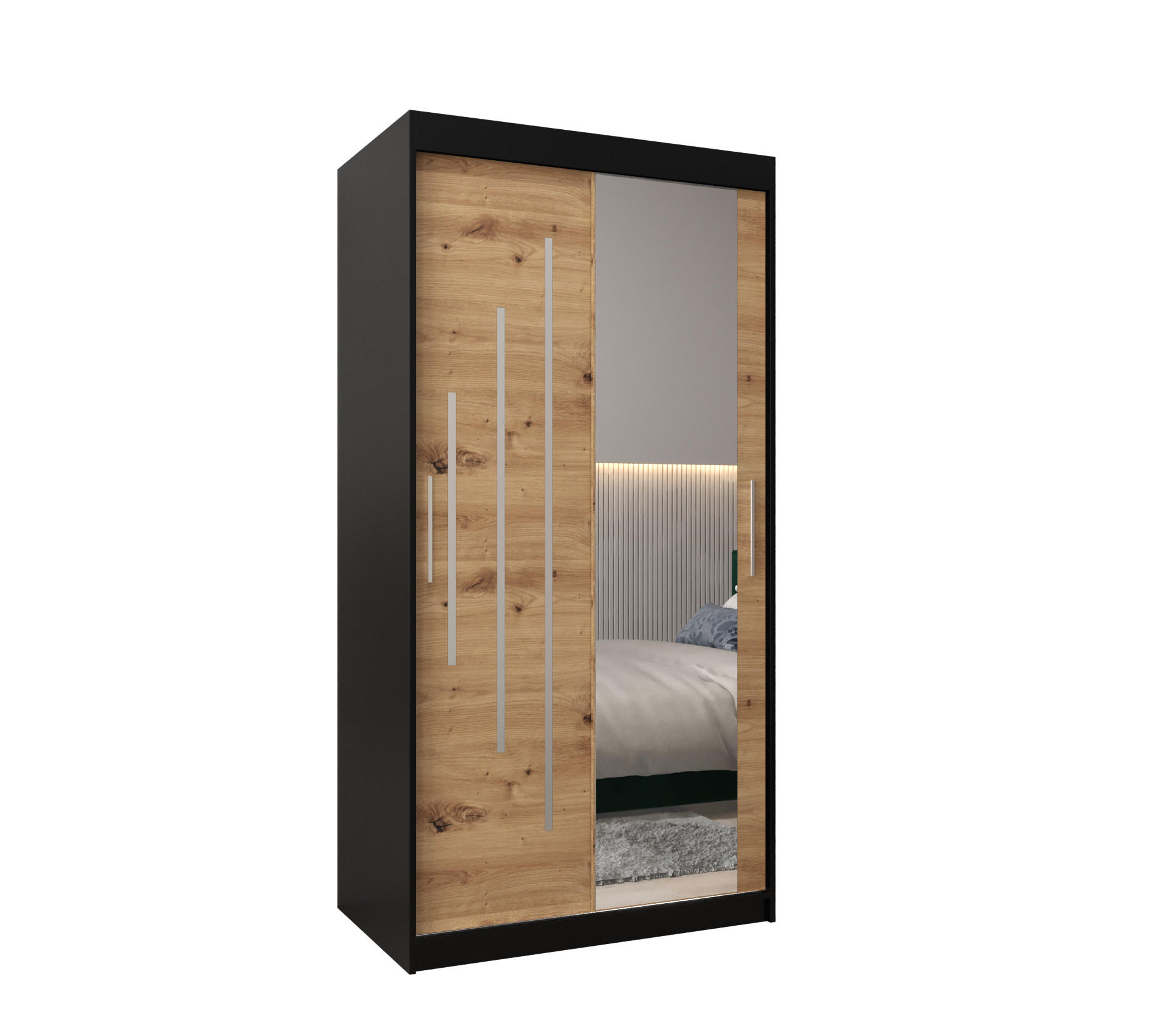 Abiks Möbel SCHWEBETÜRENSCHRANK Schwarz, Eiche Artisan 100cm × 62cm × 200cm