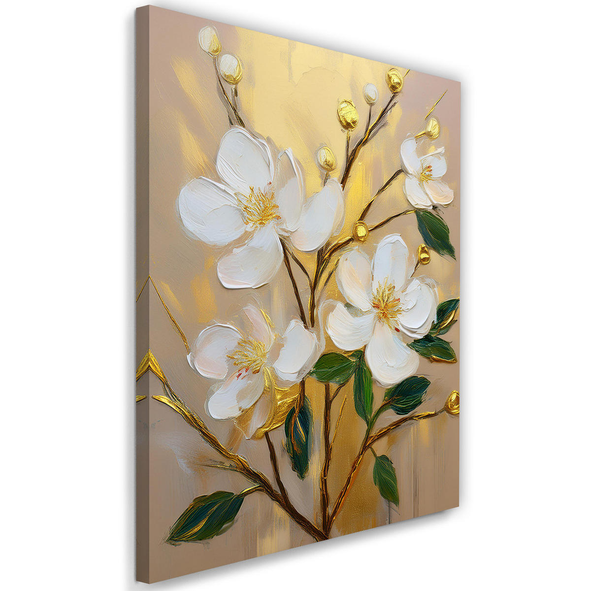 WANDBILD weiß gemalte blumen auf goldenem hintergrund - Weiß, Textil (40/60cm) - Feeby