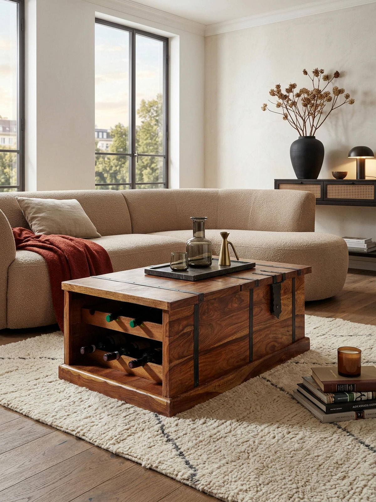 COUCHTISCH Massivholz mit integriertem Weinregal und Stauraum 100x60x40cm - Braun, Holz (100/40/60cm) - KADIMA DESIGN