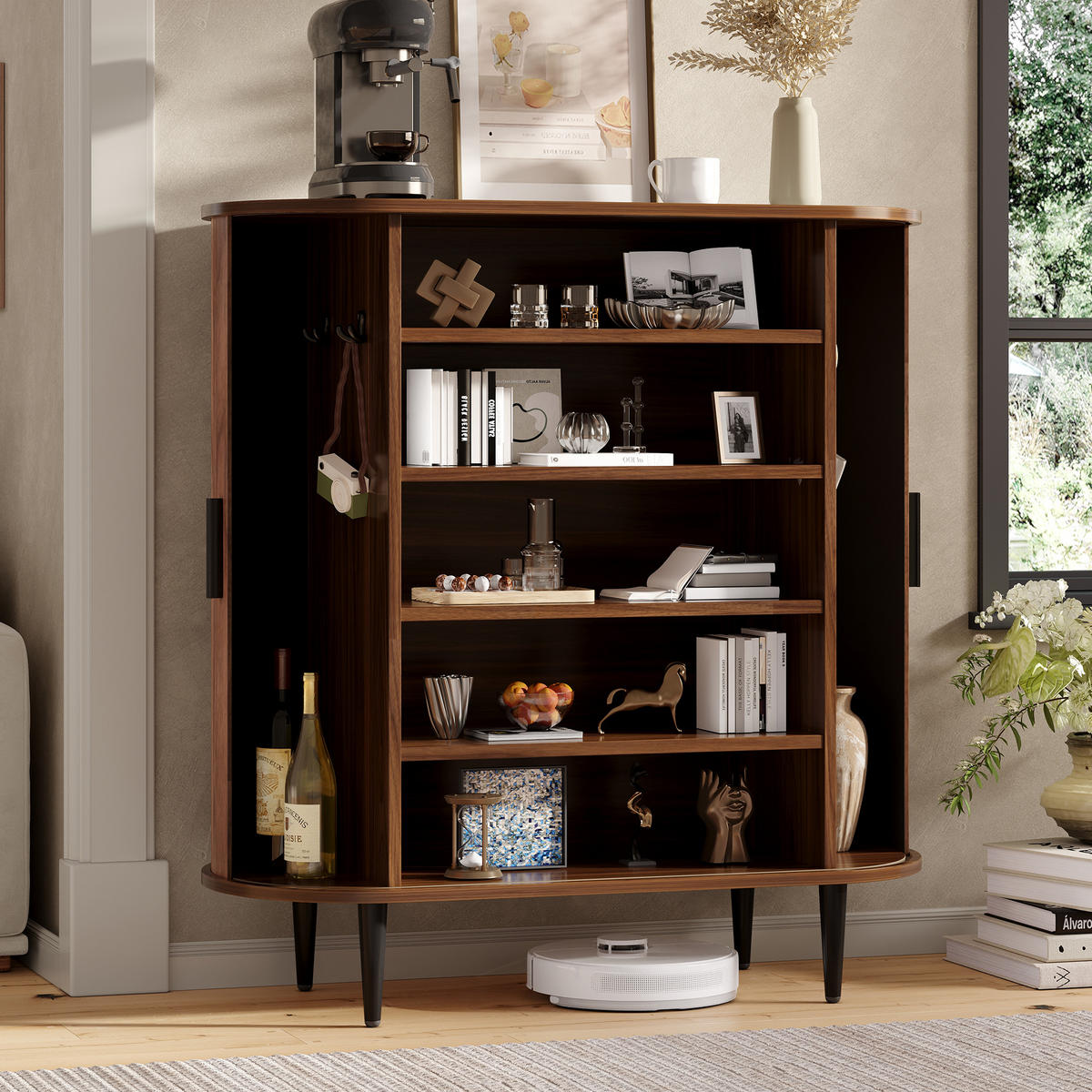 SIDEBOARD 85x40x93cm Holzoptik mit Schiebetüren und Haken - Naturfarben, Holzwerkstoff (85/93/40cm) - FLIEKS