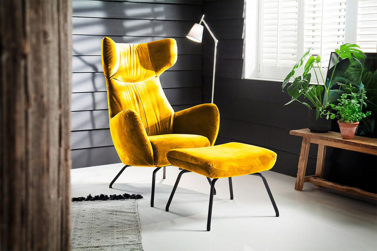 SESSEL MIT HOCKER LOTTE Gelb Velvet - Gelb/Schwarz, Textil (79/117/82cm) - KAWOLA