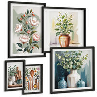 BILDER SET 5er Set - 50x50 cm & 20x30 cm & 40x60 cm Schwarzer Rahmen - Blumen und Früchte in Vasen - Schwarz, Kunststoff (40/60cm) - TULUP
